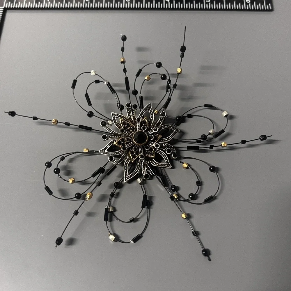 Large Statement Flower Starburst Brooch Pin Black Rhinestone Beaded Silver Tone